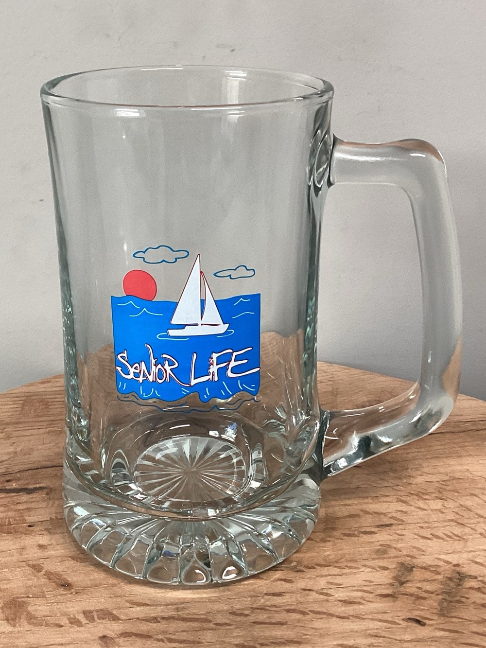 🔴 Vintage - “Senior Life” Heavy Glass Beverage Mug - Beautiful Sailboat Themed
